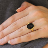 Vertical Oval Onyx "Owl" Ring with Gold Dots on Narrow Shank