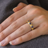 Round Faceted Blue Sapphire Stack Ring with Gold Dots