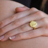 Vertical Oval Gold "Owl" Ring with Gold Triads