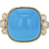 Cushion Turquoise Ring with Side Diamond Triads
