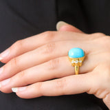 Cushion Turquoise Ring with Side Diamond Triads