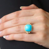 Cushion Turquoise Ring with Side Diamond Triads