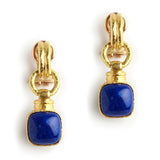 Double-banded cheerio earrings with swinging cushion lapis and topknot