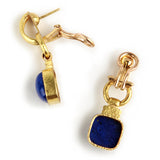 Double-banded cheerio earrings with swinging cushion lapis and topknot