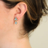 Cabochon Aquamarine Triad Earring with swinging oval aquamarine drop