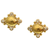 Horizontal gold oval dome set with 2.5 mm diamonds with side gold dots, stud earring with butterfly back