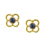 Round blue sapphire stud earring with wire arches