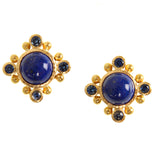 Round lapis stud earring with blue sapphires