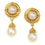 White Mabe Pearl Earrings in Godron Bezel with Gold Triads and detachable South Sea pearl drop pendant