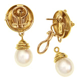 White Mabe Pearl Earrings in Godron Bezel with Gold Triads and detachable South Sea pearl drop pendant
