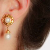 White Mabe Pearl Earrings in Godron Bezel with Gold Triads and detachable South Sea pearl drop pendant