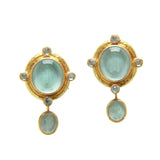 Light Aqua Venetian Glass Intaglio "Demel Bee" Earrings With Cabochon Aquamarines And Detachable Light Aqua Venetian Glass Intaglio "Micro And Angel Dog" Drops