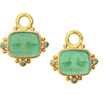 Teal Venetian Glass Intaglio "Two Cranes" Earring Charms With Faceted Blue Zircons