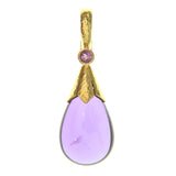 Cabochon amethyst drop pendant with hinged bale and single faceted amethyst