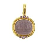 Mulberry Venetian Glass Intaglio "Neptune" Pendant with Faceted Amethyst