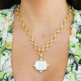 Horizontal Rock Crystal "Swan" Pendant with Pearls and Gold Dots on Hinged Bale