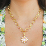 Round Rose Quartz Pendant with faceted pink sapphire and pearl with hinged bale