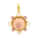Round Rose Quartz Pendant with faceted pink sapphire and pearl with hinged bale
