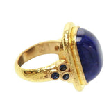 Cushion Cut Cabochon Lapis Ring with Blue Sapphire Triads