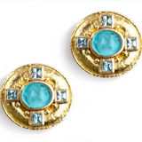 Teal Venetian Glass Intaglio "Cherub with Rooster" Earrings With Faceted Blue Zircons