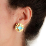 Teal Venetian Glass Intaglio "Cherub with Rooster" Earrings With Faceted Blue Zircons