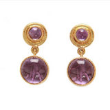 Mulberry Venetian Glass Intaglio "Cab Putto and Duck" Stud Earrings With Amethyst