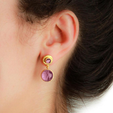 Mulberry Venetian Glass Intaglio "Cab Putto and Duck" Stud Earrings With Amethyst