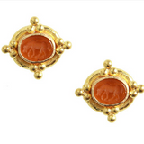 Small Amber Venetian Glass Intaglio "Micro Horse" Earrings with gold triads