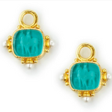 Teal Venetian Glass Intaglio "God with Horse" Earring Charms For Hoops with Pearl and Side Gold Dots