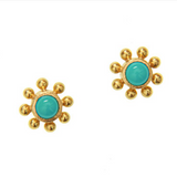 Round Sleeping Beauty Turquoise stud earrings with gold granulation