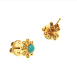 Round Sleeping Beauty Turquoise stud earrings with gold granulation