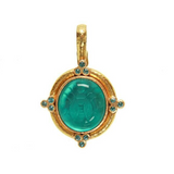 Teal Venetian glass intaglio "Cabochon Honey Bee" Pendant With Faceted Blue Zircons And Clip Bale