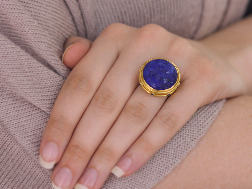 Lapis With Pyrite Cabochon in 14K Yellow Gold, Large Oval 2 Dot Design -  Etsy
