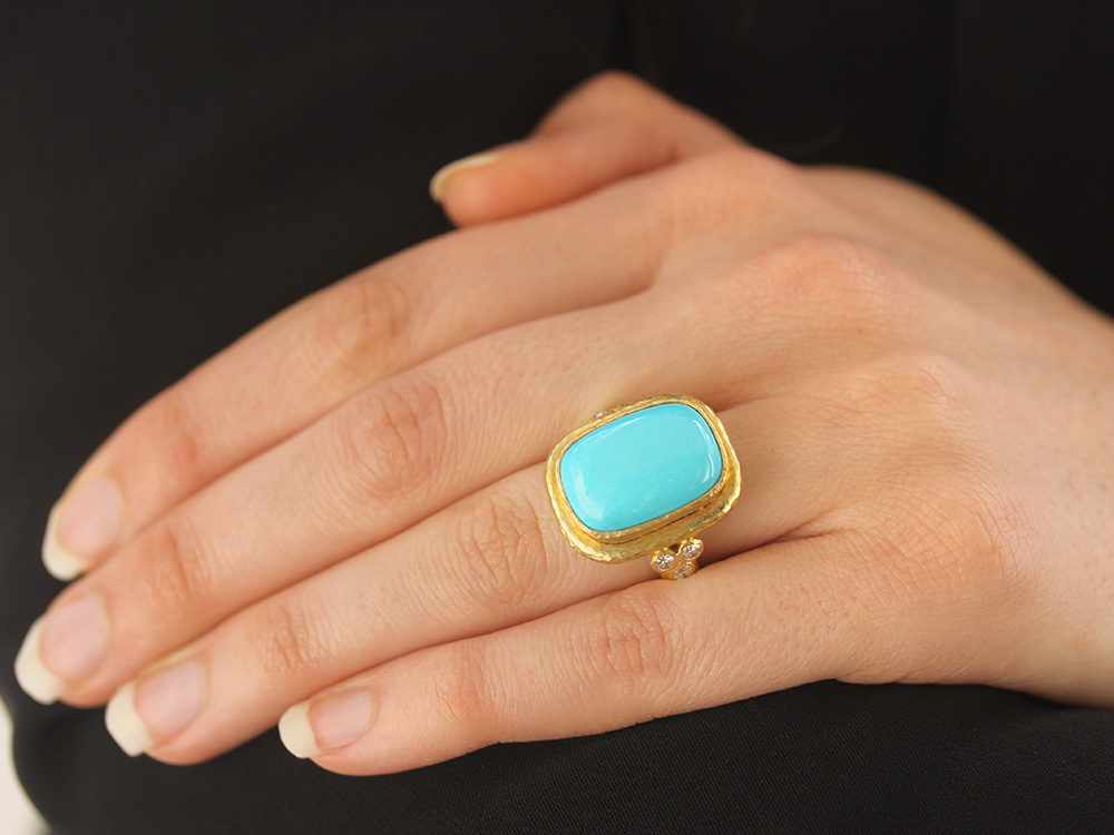 14k solide or jaune 5 mm cabochon NATURELLES Sleeping Beauty Turquoise Ring Taille 7 