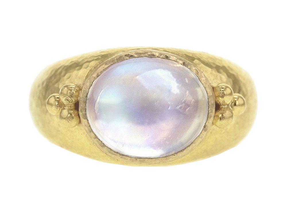 Elizabeth Locke Horizontal Oval Moonstone Ring with Side Gold Triads