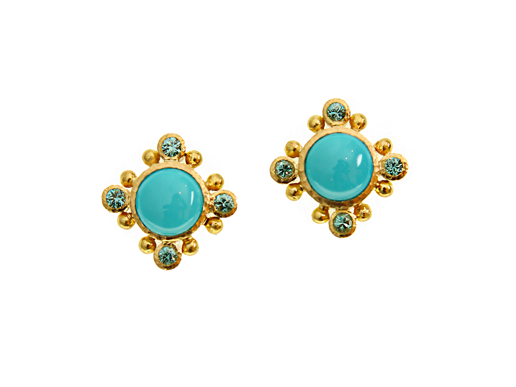 Buy Emeralds, Turquoise and Diamond Stud Earrings in 18K Yellow Gold